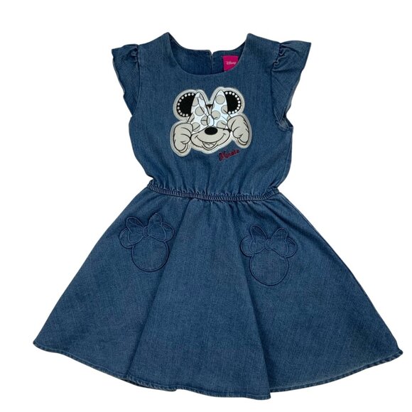 Disney Girls Minnie Mouse Denim Dress 6X Blue Flutter Sleeve Pockets Logo Resort - Picture 1 of 12